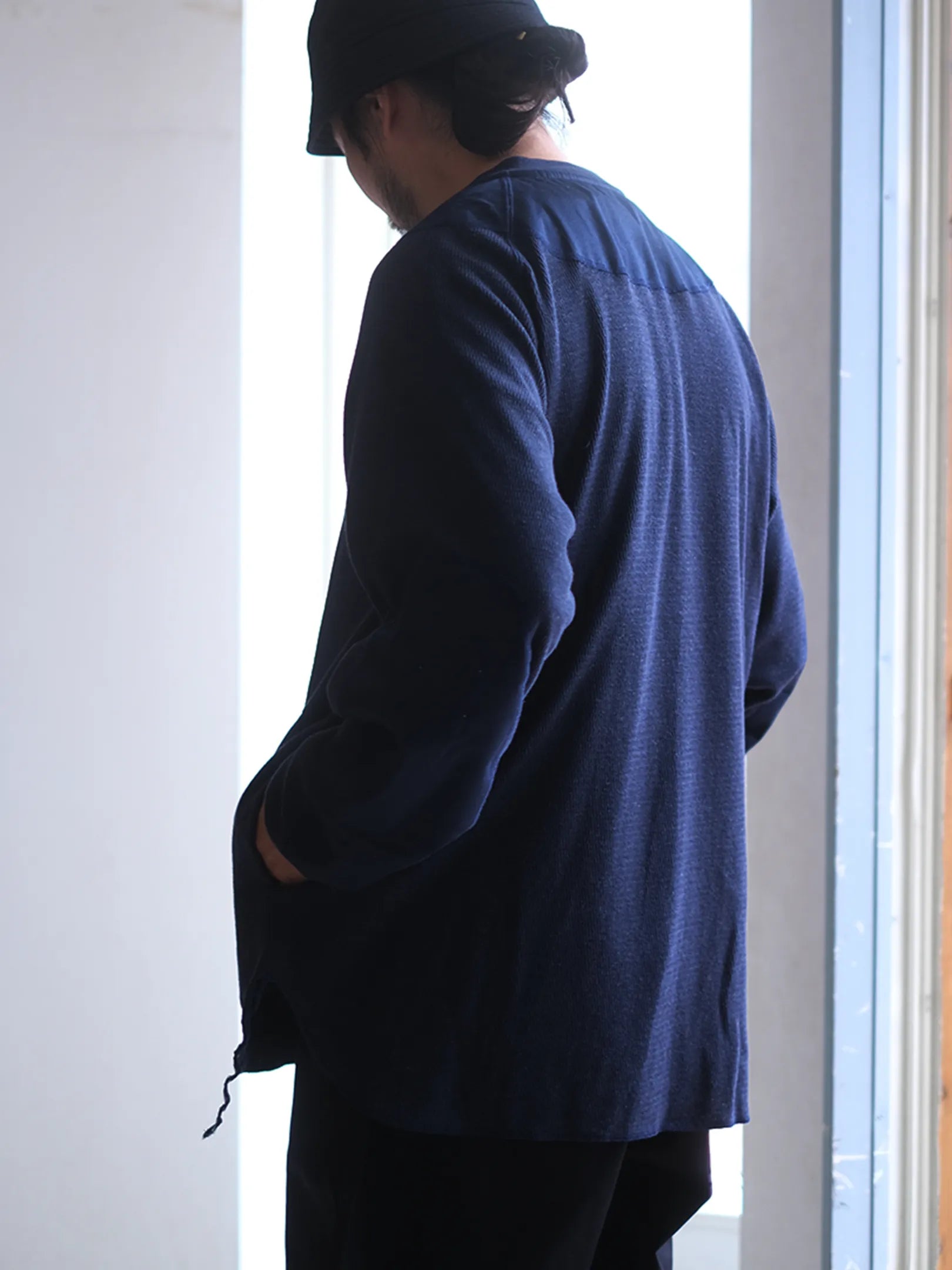 norbit by Hiroshi Nozawa "Wool cotton waffle Henley neck T-shirts(NAVY)"