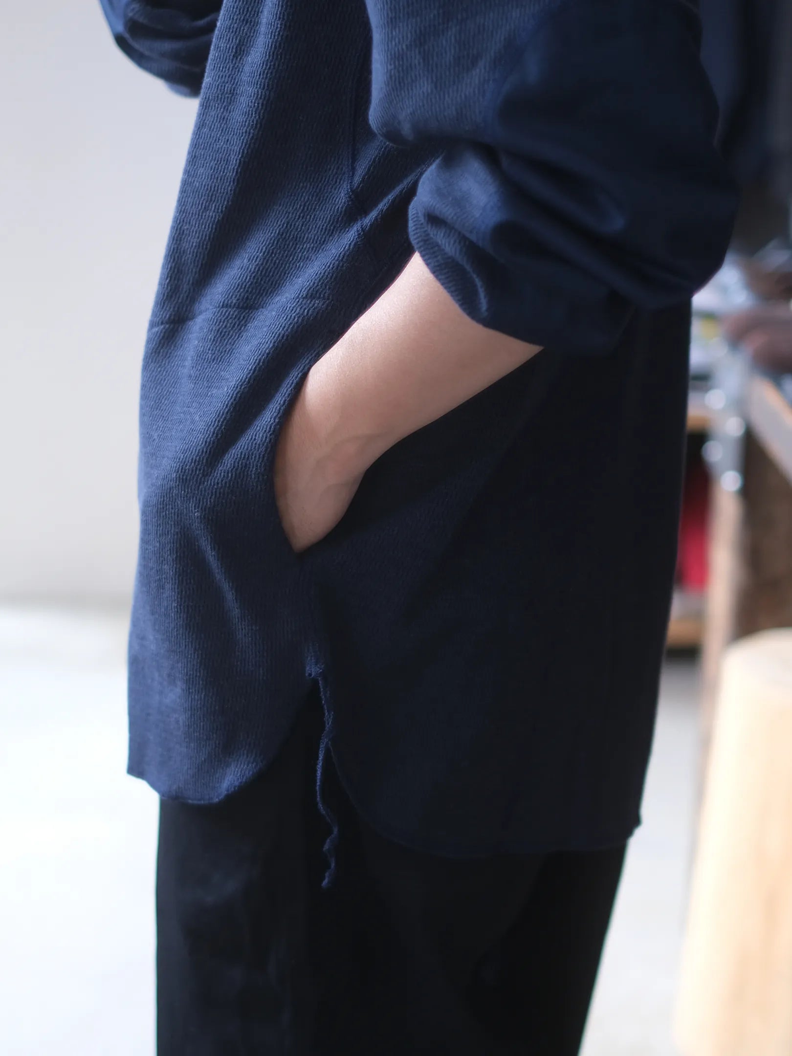 norbit by Hiroshi Nozawa "Wool cotton waffle Henley neck T-shirts(NAVY)"