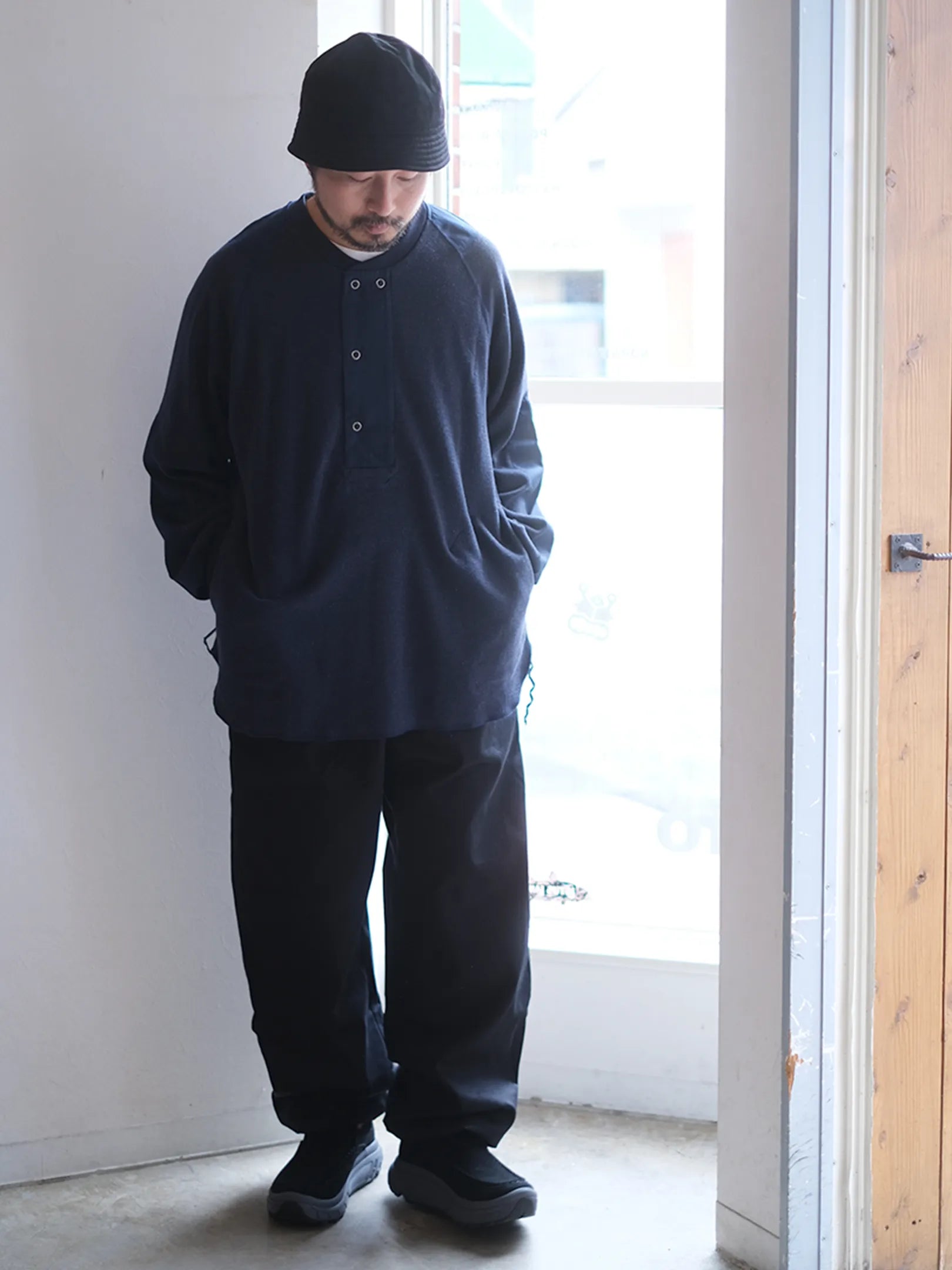 norbit by Hiroshi Nozawa "Wool cotton waffle Henley neck T-shirts(NAVY)"