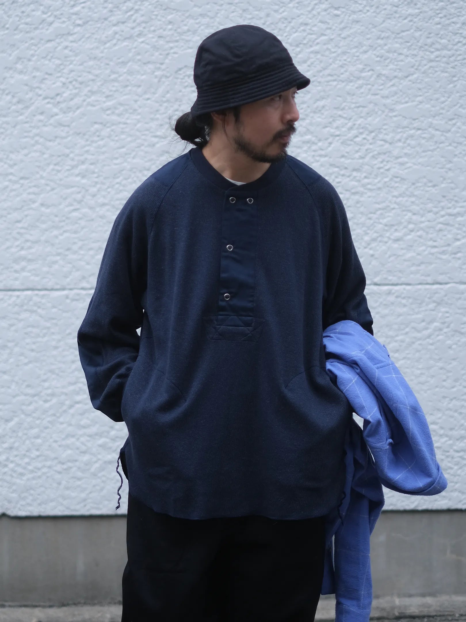 norbit by Hiroshi Nozawa "Wool cotton waffle Henley neck T-shirts(NAVY)"