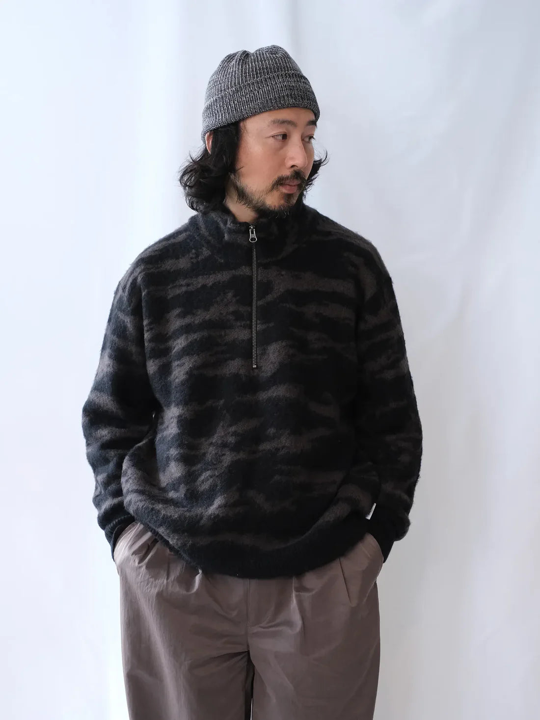 UNFRM "MOHAIR KNIT CAMO HALF ZIP PULLOVER"