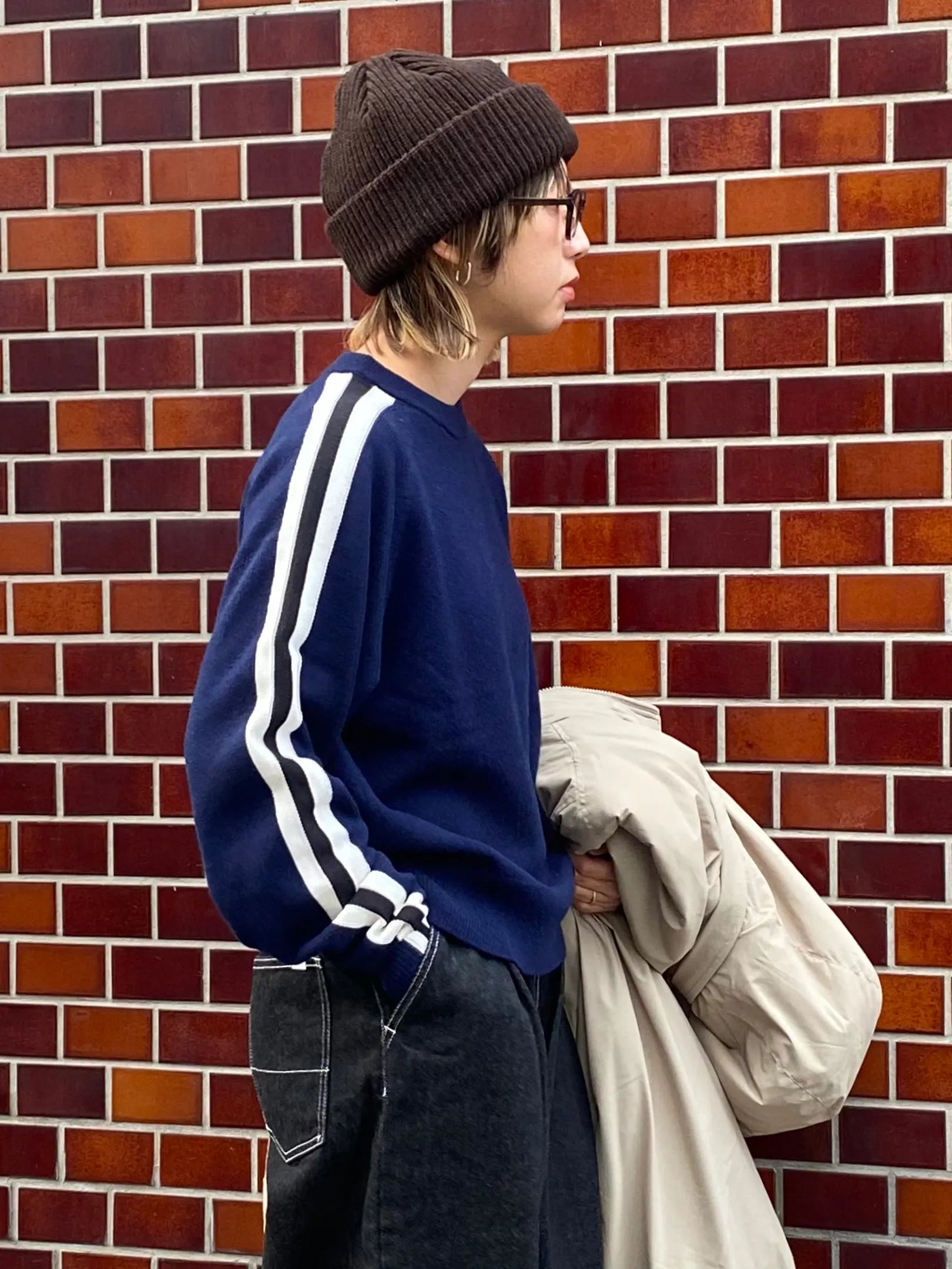 ANTHOM "ヤク×メリノウール　配色ラインTOPS(2colors)"